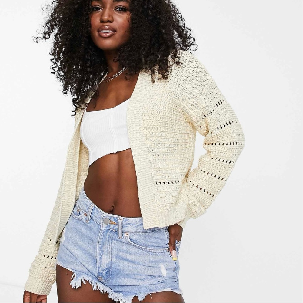 ASOS Design Crochet Stitch Cropped Open Cardigan in Cream Cotton Size 6 - Picture 3 of 8